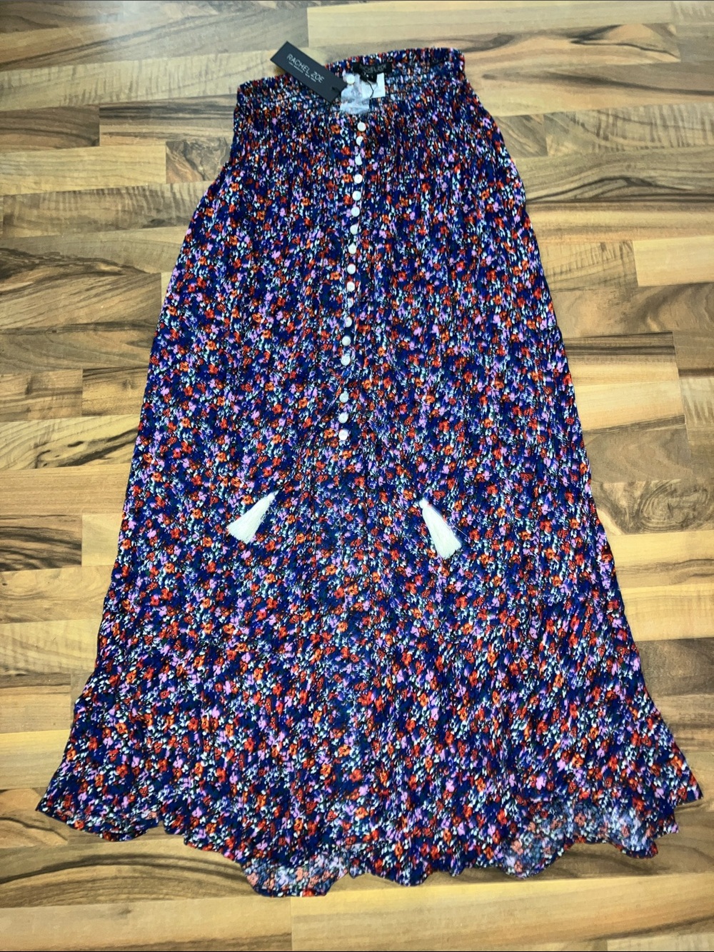 Rachel Zoe Floral Button Front Tassel maxi smocked waist skirt women’s Sz L